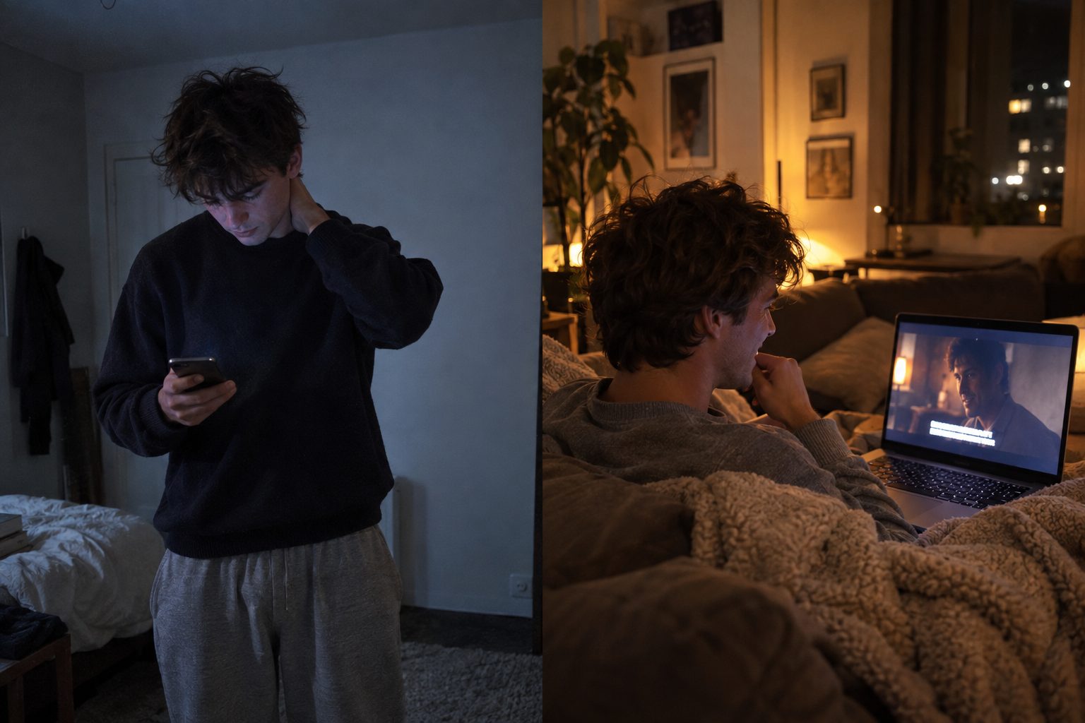 À gauche, une personne seule et tendue consulte son téléphone. À droite, la même personne détendue sous un plaid regarde un film sous-titré sur son ordinateur portable