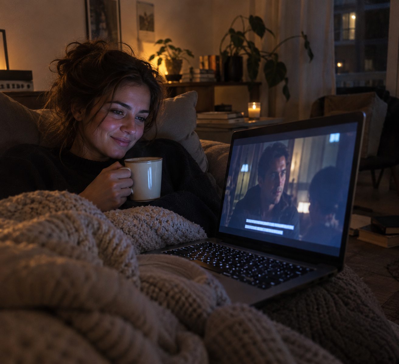 Une personne détendue sous un plaid, tenant une tasse, regardant un film sous-titré sur son ordinateur portable en soirée