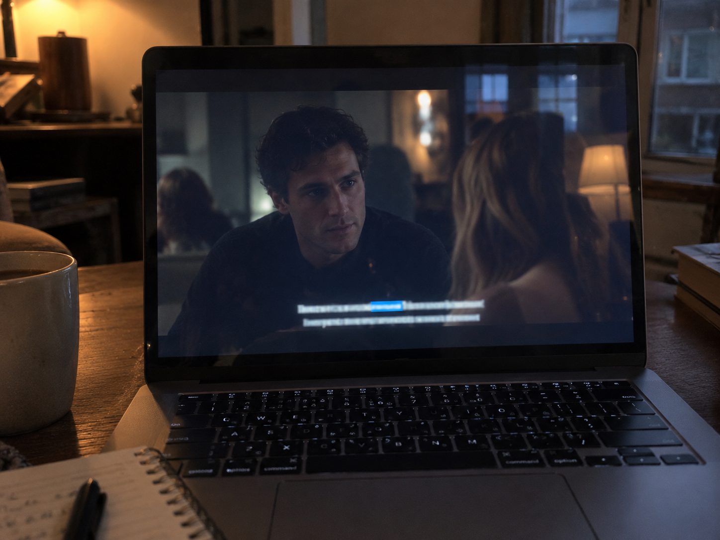 Gros plan sur un écran d'ordinateur portable affichant une scène de film avec des sous-titres, un mot mis en surbrillance comme s'il était cliquable