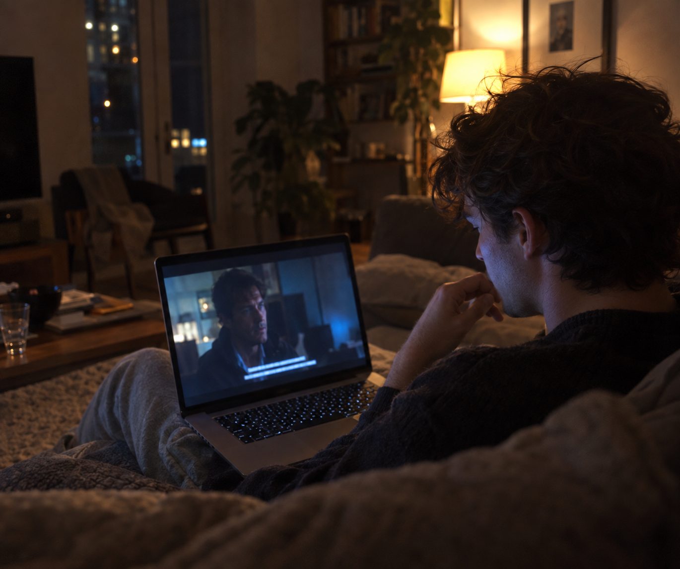Une personne assise sur un canapé le soir, regardant un film sous-titré sur son ordinateur portable avec une expression concentrée et perplexe
