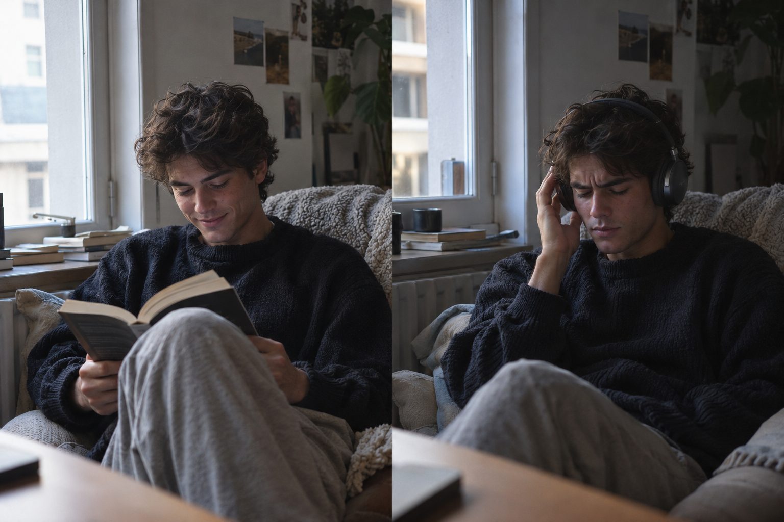 À gauche, un homme lit tranquillement un livre. À droite, la même personne écoute au casque avec une expression concentrée et légèrement crispée